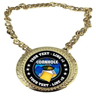 Express Medals Custom Cornhole Bag Toss Champ Chain Trophy with 2 Lines of Personalized Text on a Large Rigid Plastic Award Medal and 34 Inch Long Gold Color Neck Chain. FCL455