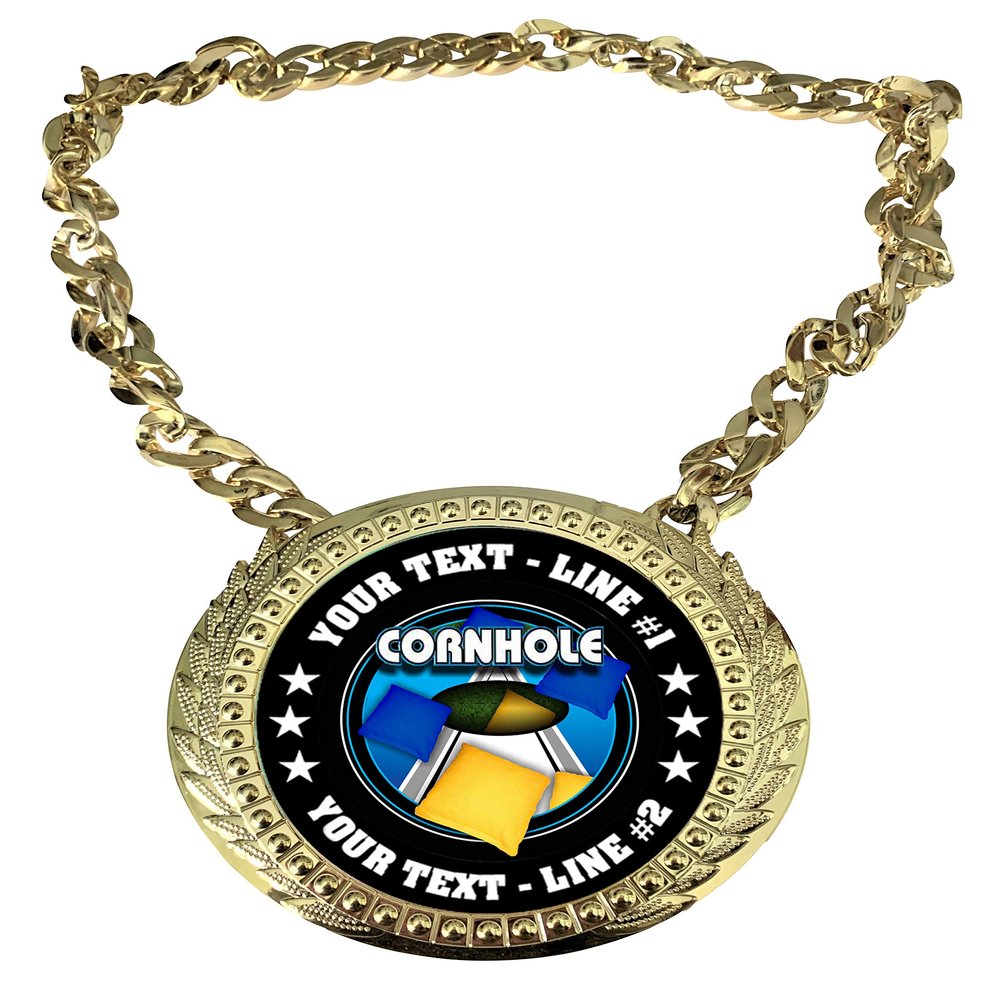 Express Medals Custom Cornhole Bag Toss Champ Chain Trophy with 2 Lines of Personalized Text on a Large Rigid Plastic Award Medal and 34 Inch Long Gold Color Neck Chain. FCL455