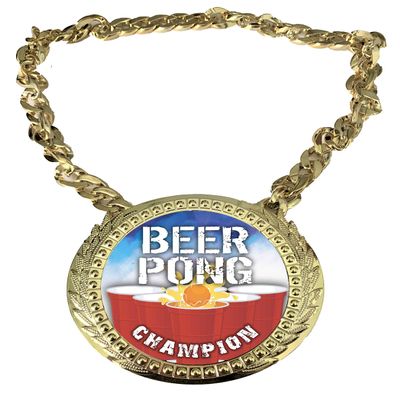 Express Medals Custom Beer Pong Champ Chain Trophy with 2 Lines of Personalized Text on a Large Rigid Plastic Award Medal and 34 Inch Long Gold Color Neck Chain. Beerpong