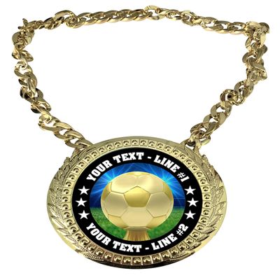 Express Medals Custom Soccer Champ Chain Trophy with 2 Lines of Personalized Text on a Large Rigid Plastic Award Medal and 34 Inch Long Gold Color Neck Chain. D30
