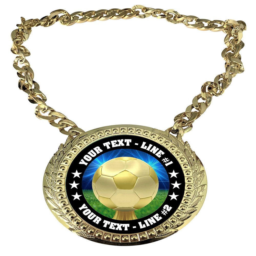 Express Medals Custom Soccer Champ Chain Trophy with 2 Lines of Personalized Text on a Large Rigid Plastic Award Medal and 34 Inch Long Gold Color Neck Chain. D30