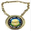 Express Medals Custom Soccer Champ Chain Trophy with 2 Lines of Personalized Text on a Large Rigid Plastic Award Medal and 34 Inch Long Gold Color Neck Chain. D30 view 1