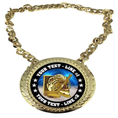 Express Medals Custom Ice Hockey Champ Chain Trophy with 2 Lines of Personalized Text on a Large Rigid Plastic Award Medal and 34 Inch Long Gold Color Neck Chain. D50