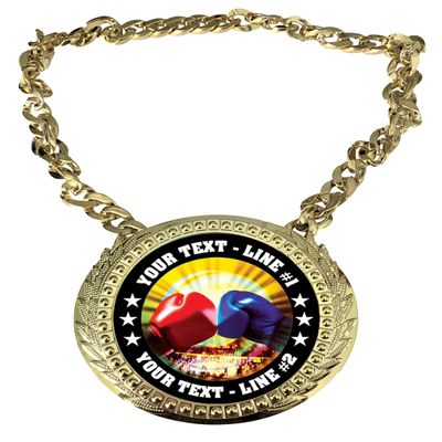 Express Medals Custom Boxing Champ Chain Trophy with 2 Lines of Personalized Text on a Large Rigid Plastic Award Medal and 34 Inch Long Gold Color Neck Chain. MY412