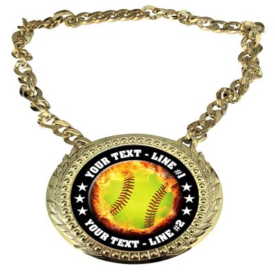 Express Medals Custom Flame Softball Champ Chain Trophy with 2 Lines of Personalized Text on a Large Rigid Plastic Award Medal and 34 Inch Long Gold Color Neck Chain. EMFCL805