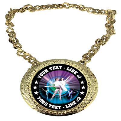 Express Medals Custom Ballet Ballerina Champ Chain Trophy with 2 Lines of Personalized Text on a Large Rigid Plastic Award Medal and 34 Inch Long Gold Color Neck Chain. MY404