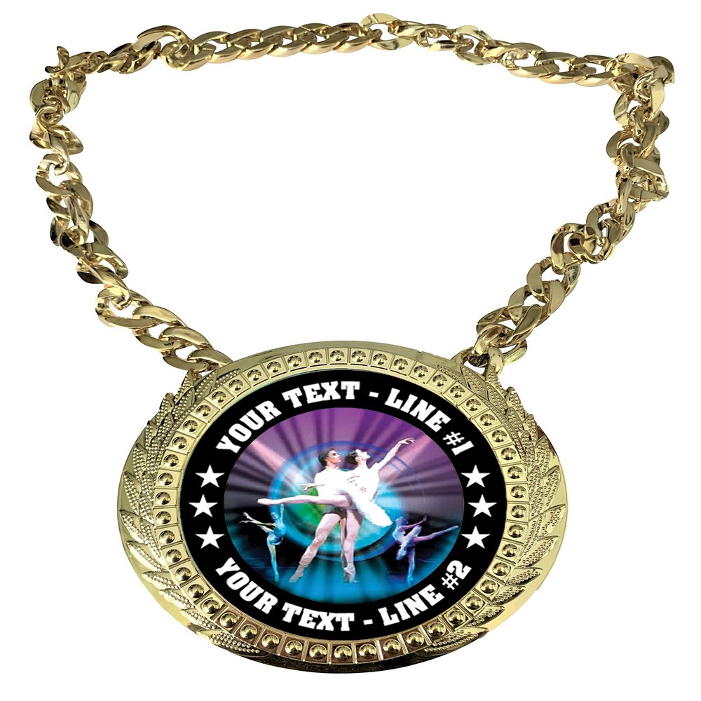 Express Medals Custom Ballet Ballerina Champ Chain Trophy with 2 Lines of Personalized Text on a Large Rigid Plastic Award Medal and 34 Inch Long Gold Color Neck Chain. MY404