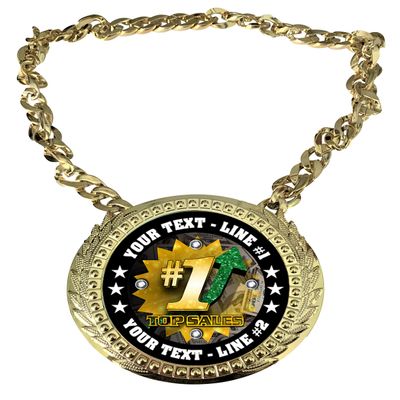 Express Medals Custom Top Sales Salesperson Champ Chain Trophy with 2 Lines of Personalized Text on a Large Rigid Plastic Award Medal and 34 Inch Long Gold Color Neck Chain. FCL567