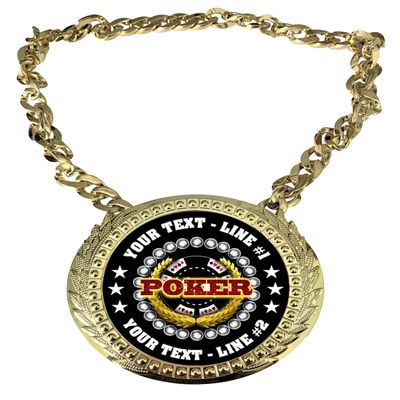 Express Medals Custom Poker Stud Holdem Draw Champ Chain Trophy with 2 Lines of Personalized Text on a Large Rigid Plastic Award Medal and 34 Inch Long Gold Color Neck Chain. FCL529