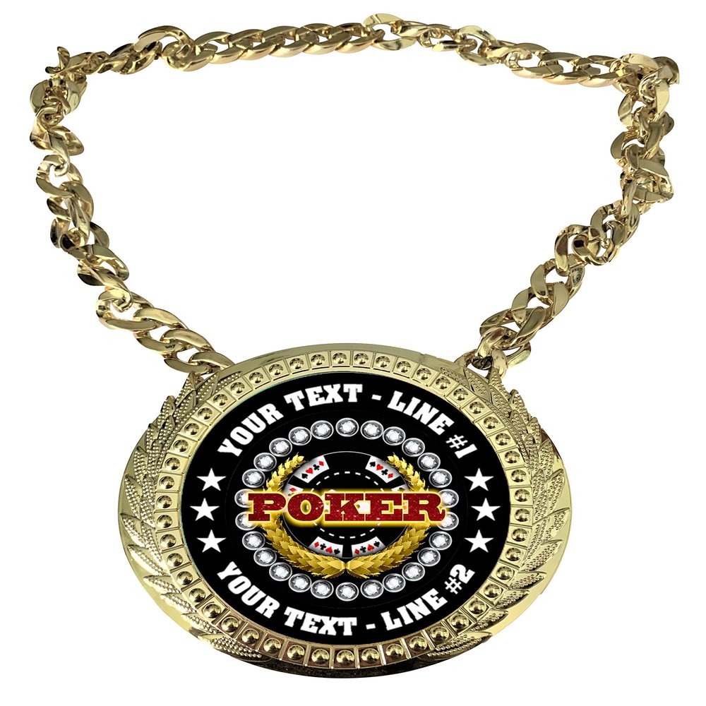 Express Medals Custom Poker Stud Holdem Draw Champ Chain Trophy with 2 Lines of Personalized Text on a Large Rigid Plastic Award Medal and 34 Inch Long Gold Color Neck Chain. FCL529