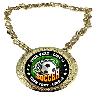 Express Medals Custom Soccer Champ Chain Trophy with 2 Lines of Personalized Text on a Large Rigid Plastic Award Medal and 34 Inch Long Gold Color Neck Chain. FCL543