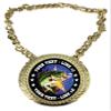 Express Medals Custom Bass Fishing Champ Chain Trophy with 2 Lines of Personalized Text on a Large Rigid Plastic Award Medal and 34 Inch Long Gold Color Neck Chain. FCL470 view 1