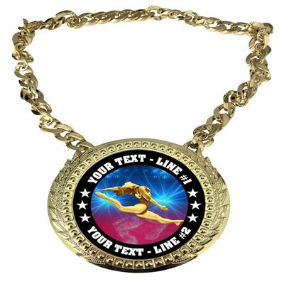 Express Medals Custom Gymnastics Champ Chain Trophy with 2 Lines of Personalized Text on a Large Rigid Plastic Award Medal and 34 Inch Long Gold Color Neck Chain. D22