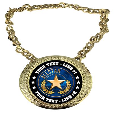 Express Medals Custom All Star Champ Chain Trophy with 2 Lines of Personalized Text on a Large Rigid Plastic Award Medal and 34 Inch Long Gold Color Neck Chain. EG4