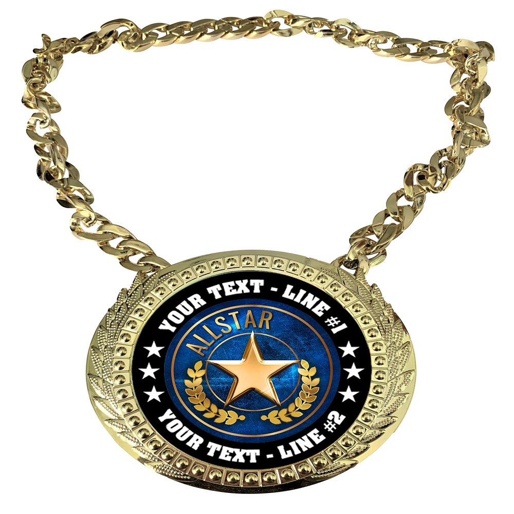 Express Medals Custom All Star Champ Chain Trophy with 2 Lines of Personalized Text on a Large Rigid Plastic Award Medal and 34 Inch Long Gold Color Neck Chain. EG4