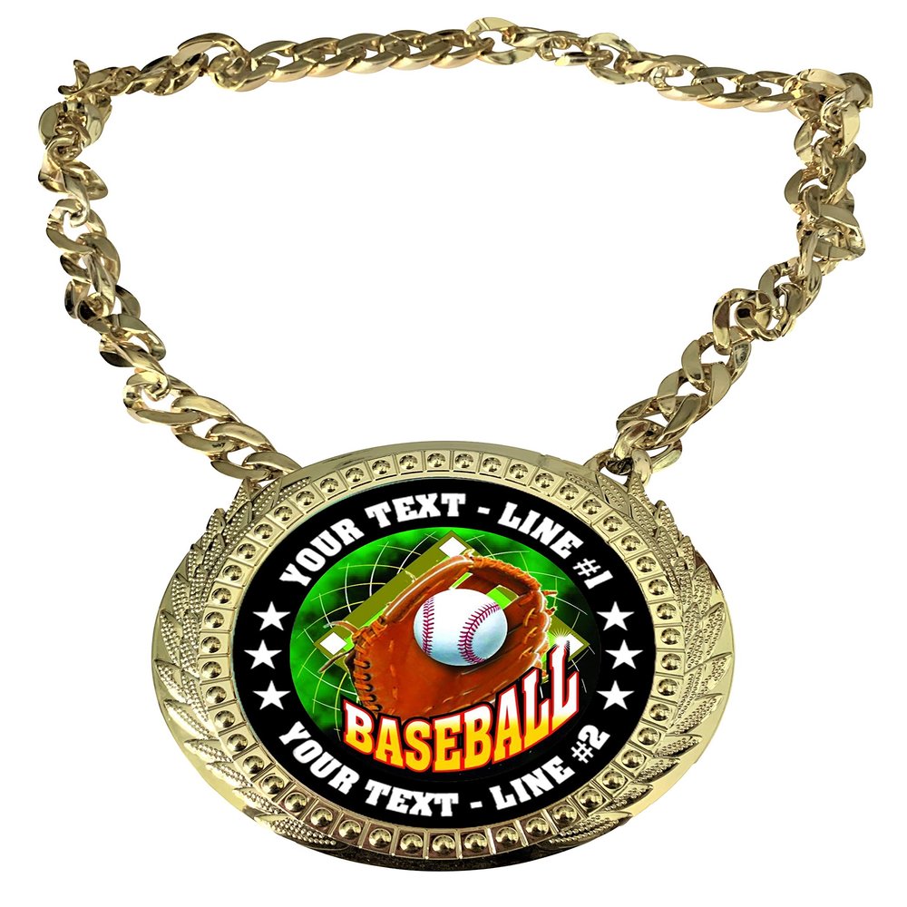 Express Medals Custom Baseball Champ Chain Trophy with 2 Lines of Personalized Text on a Large Rigid Plastic Award Medal and 34 Inch Long Gold Color Neck Chain. FCL410