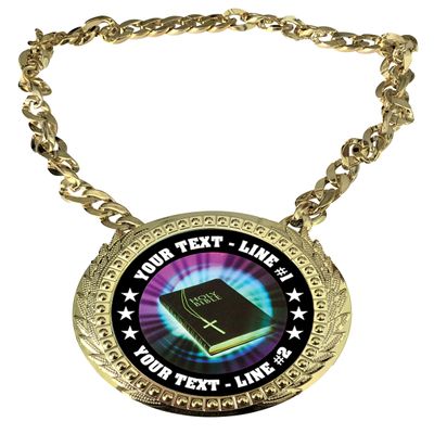 Express Medals Custom Holy Bible Religious Champ Chain Trophy with 2 Lines of Personalized Text on a Large Rigid Plastic Award Medal and 34 Inch Long Gold Color Neck Chain. MY408