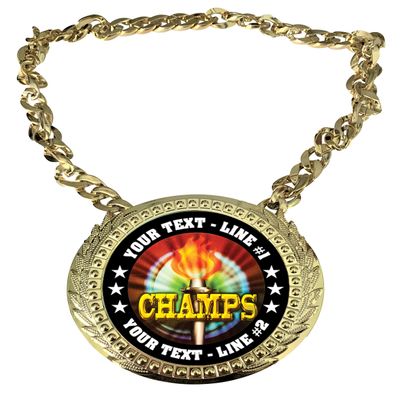 Express Medals Custom Champs Champ Chain Trophy with 2 Lines of Personalized Text on a Large Rigid Plastic Award Medal and 34 Inch Long Gold Color Neck Chain. MY455