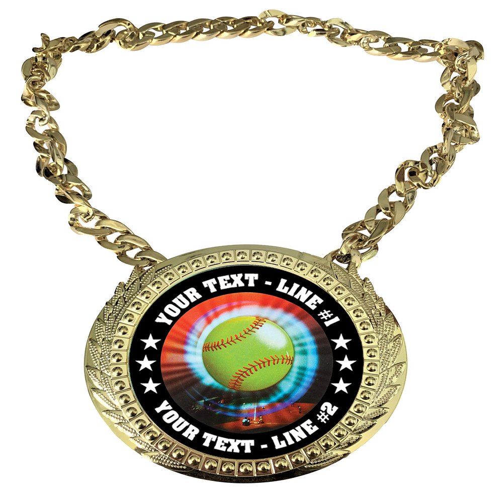 Express Medals Custom Softball Champ Chain Trophy with 2 Lines of Personalized Text on a Large Rigid Plastic Award Medal and 34 Inch Long Gold Color Neck Chain. MY402