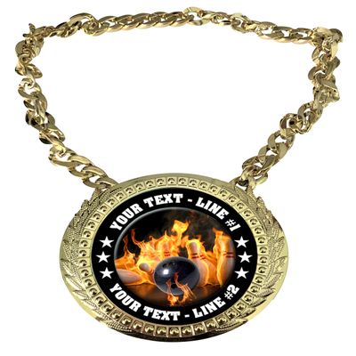 Express Medals Custom Flame Bowling Champ Chain Trophy with 2 Lines of Personalized Text on a Large Rigid Plastic Award Medal and 34 Inch Long Gold Color Neck Chain. EMFCL818