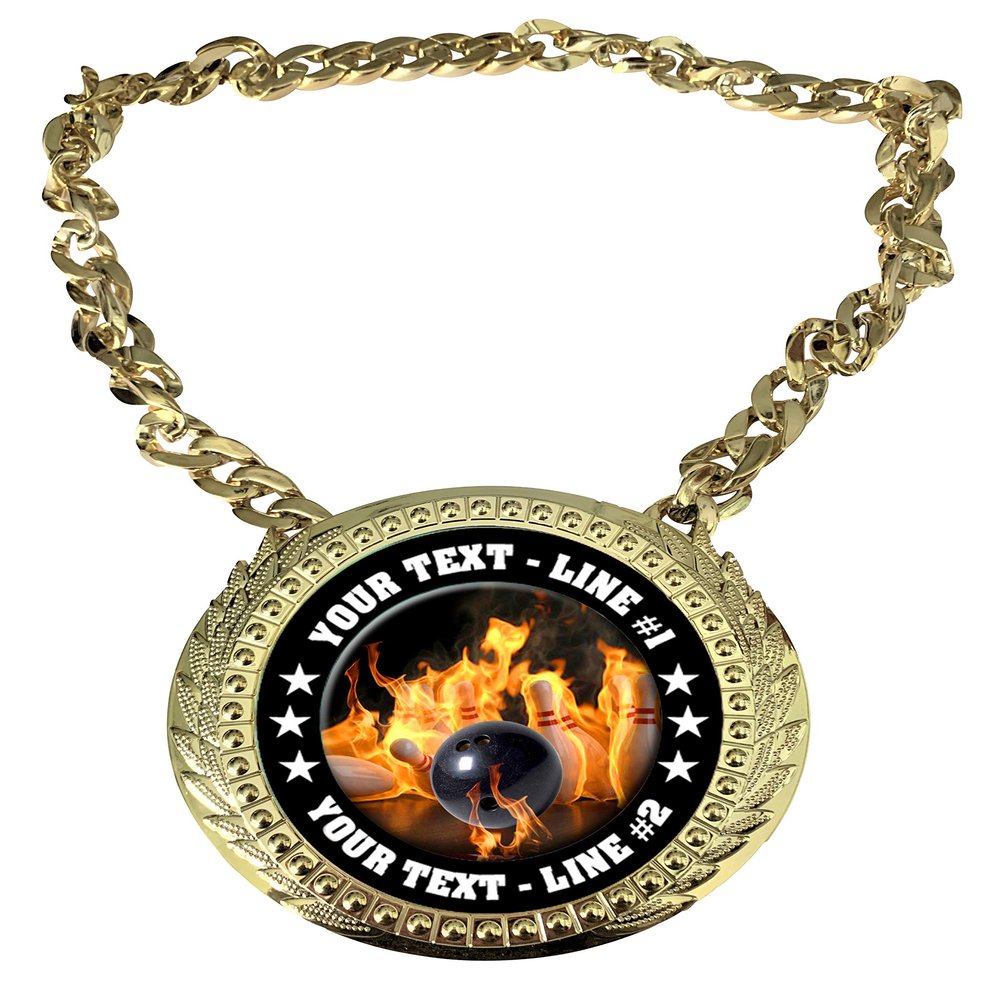 Express Medals Custom Flame Bowling Champ Chain Trophy with 2 Lines of Personalized Text on a Large Rigid Plastic Award Medal and 34 Inch Long Gold Color Neck Chain. EMFCL818