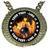 Express Medals Custom Flame Bowling Champ Chain Trophy with 2 Lines of Personalized Text on a Large Rigid Plastic Award Medal and 34 Inch Long Gold Color Neck Chain. EMFCL818 view 2