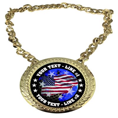 Express Medals Custom USA American Flag Champ Chain Trophy with 2 Lines of Personalized Text on a Large Rigid Plastic Award Medal and 34 Inch Long Gold Color Neck Chain. FCL570