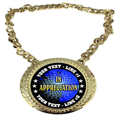 Express Medals Custom Appreciation Champ Chain Trophy with 2 Lines of Personalized Text on a Large Rigid Plastic Award Medal and 34 Inch Long Gold Color Neck Chain. FCL498