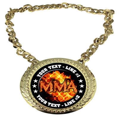 Express Medals Custom Flame MMA Champ Chain Trophy with 2 Lines of Personalized Text on a Large Rigid Plastic Award Medal and 34 Inch Long Gold Color Neck Chain. EMFCL806