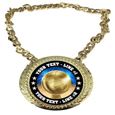 Express Medals Custom Volleyball Champ Chain Trophy with 2 Lines of Personalized Text on a Large Rigid Plastic Award Medal and 34 Inch Long Gold Color Neck Chain. D45