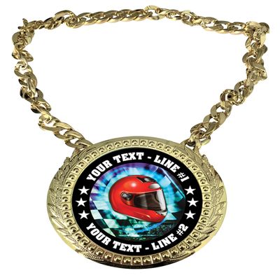 Express Medals Custom Auto Racing Flag Helmet Champ Chain Trophy with 2 Lines of Personalized Text on a Large Rigid Plastic Award Medal and 34 Inch Long Gold Color Neck Chain. MY436