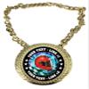 Express Medals Custom Auto Racing Flag Helmet Champ Chain Trophy with 2 Lines of Personalized Text on a Large Rigid Plastic Award Medal and 34 Inch Long Gold Color Neck Chain. MY436 view 1