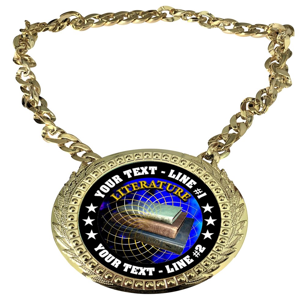 Express Medals Custom Literature Scholastic Champ Chain Trophy with 2 Lines of Personalized Text on a Large Rigid Plastic Award Medal and 34 Inch Long Gold Color Neck Chain. FCL506