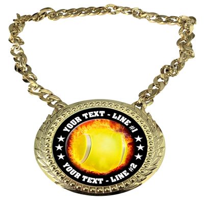 Express Medals Custom Flame Tennis Champ Chain Trophy with 2 Lines of Personalized Text on a Large Rigid Plastic Award Medal and 34 Inch Long Gold Color Neck Chain. EMFCL801