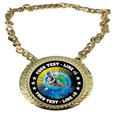 Express Medals Custom BMX Champ Chain Trophy with 2 Lines of Personalized Text on a Large Rigid Plastic Award Medal and 34 Inch Long Gold Color Neck Chain. MY410
