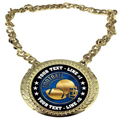 Express Medals Custom Football Champ Chain Trophy with 2 Lines of Personalized Text on a Large Rigid Plastic Award Medal and 34 Inch Long Gold Color Neck Chain. EG28