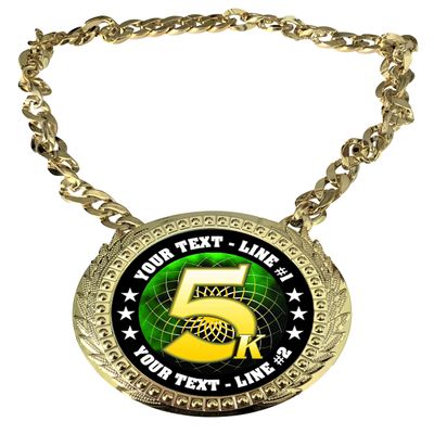 Express Medals Custom 5K Run Race Walk Champ Chain Trophy with 2 Lines of Personalized Text on a Large Rigid Plastic Award Medal and 34 Inch Long Gold Color Neck Chain. FCL578