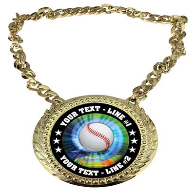 Express Medals Custom Baseball Champ Chain Trophy with 2 Lines of Personalized Text on a Large Rigid Plastic Award Medal and 34 Inch Long Gold Color Neck Chain. MY401