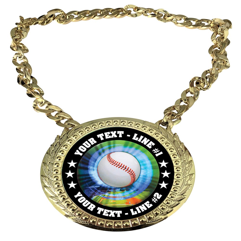 Express Medals Custom Baseball Champ Chain Trophy with 2 Lines of Personalized Text on a Large Rigid Plastic Award Medal and 34 Inch Long Gold Color Neck Chain. MY401