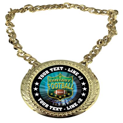Express Medals Custom Fantasy Football Champ Chain Trophy with 2 Lines of Personalized Text on a Large Rigid Plastic Award Medal and 34 Inch Long Gold Color Neck Chain. MY485