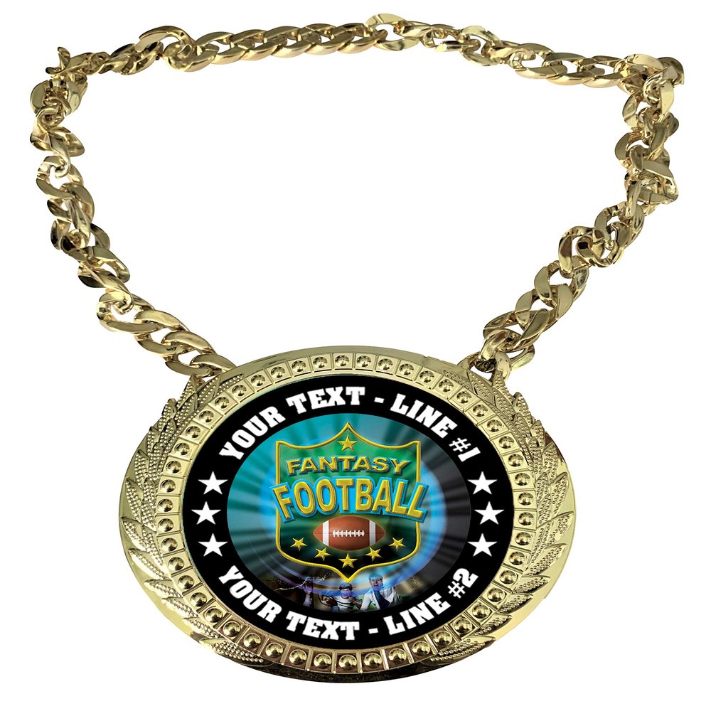 Express Medals Custom Fantasy Football Champ Chain Trophy with 2 Lines of Personalized Text on a Large Rigid Plastic Award Medal and 34 Inch Long Gold Color Neck Chain. MY485
