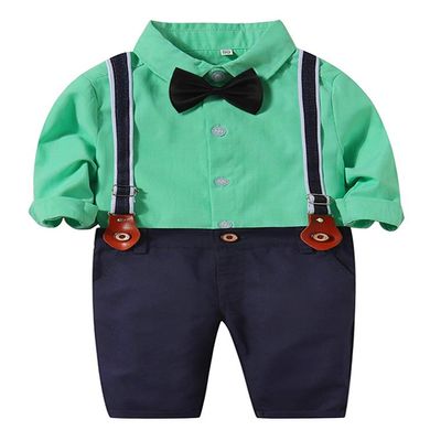 Abolai Gentleman Suspender Outfits Suit with Bowtie for Toddler Boys 3Pcs Woven Shirt and Pants Green 80