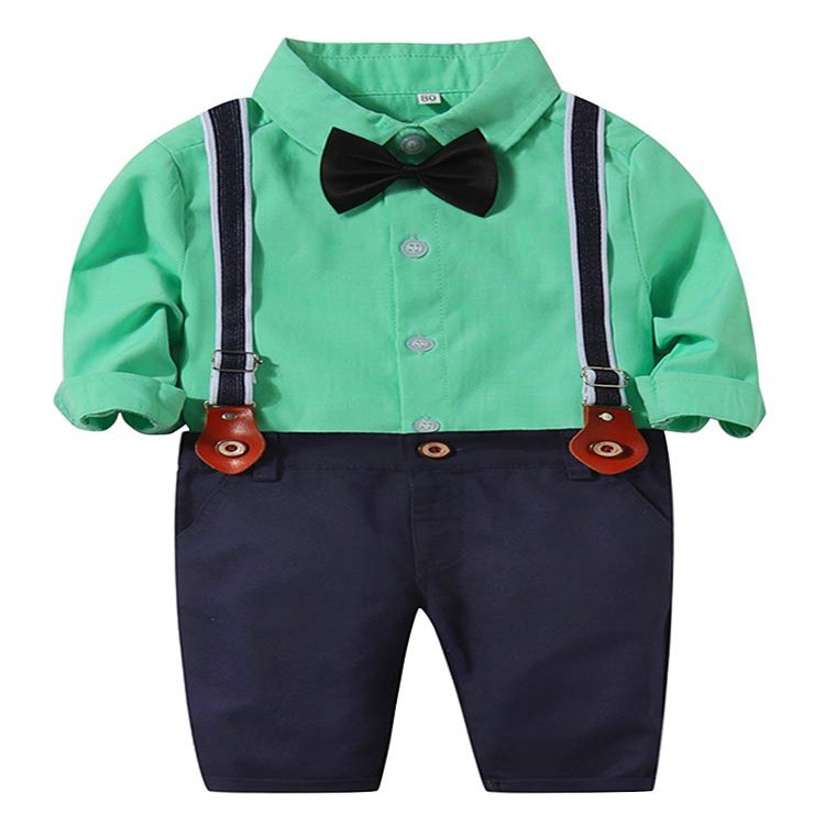 Abolai Gentleman Suspender Outfits Suit with Bowtie for Toddler Boys 3Pcs Woven Shirt and Pants Green 80