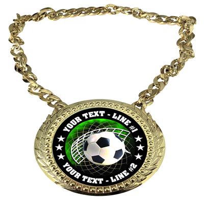 Express Medals Custom Soccer Champ Chain Trophy with 2 Lines of Personalized Text on a Large Rigid Plastic Award Medal and 34 Inch Long Gold Color Neck Chain. FCL542