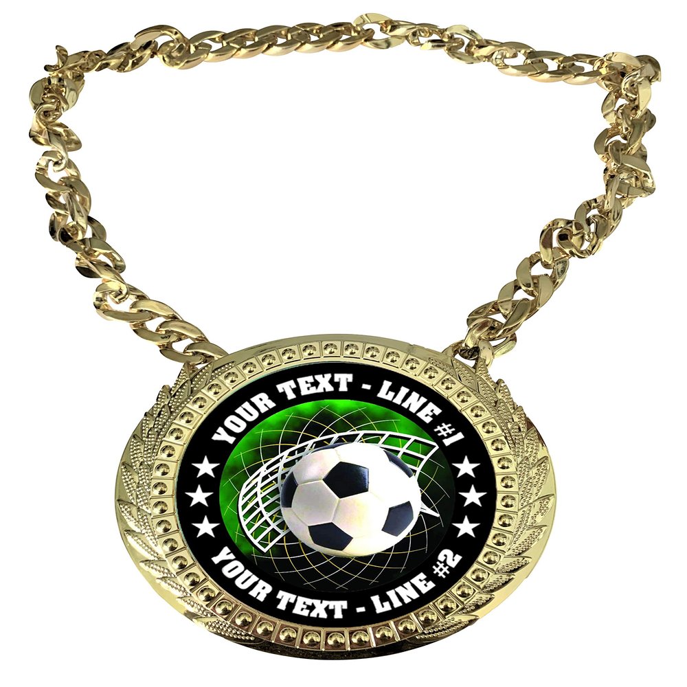 Express Medals Custom Soccer Champ Chain Trophy with 2 Lines of Personalized Text on a Large Rigid Plastic Award Medal and 34 Inch Long Gold Color Neck Chain. FCL542