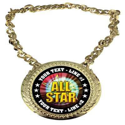 Express Medals Custom All Star Champ Chain Trophy with 2 Lines of Personalized Text on a Large Rigid Plastic Award Medal and 34 Inch Long Gold Color Neck Chain. MY464