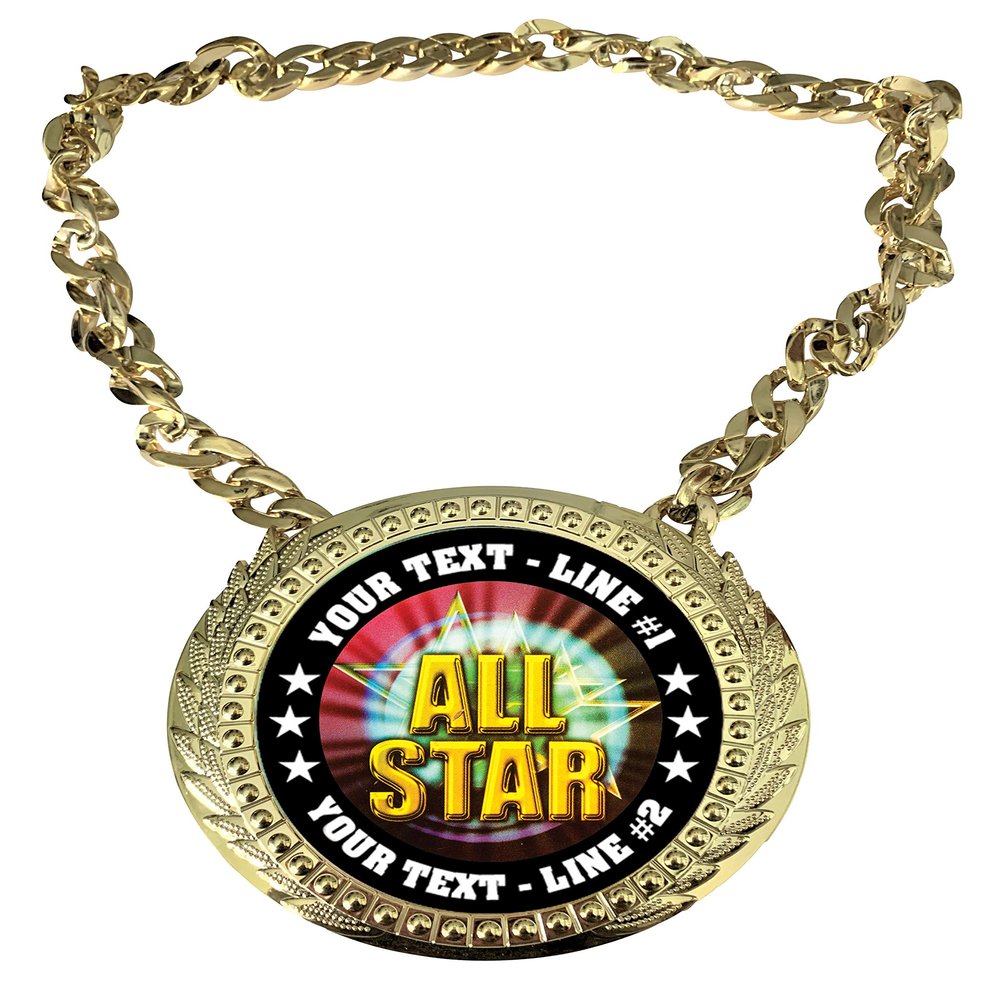 Express Medals Custom All Star Champ Chain Trophy with 2 Lines of Personalized Text on a Large Rigid Plastic Award Medal and 34 Inch Long Gold Color Neck Chain. MY464