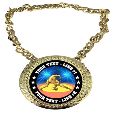 Express Medals Custom Wrestling Champ Chain Trophy with 2 Lines of Personalized Text on a Large Rigid Plastic Award Medal and 34 Inch Long Gold Color Neck Chain. D90
