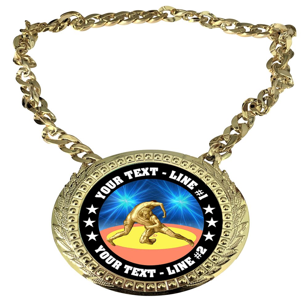 Express Medals Custom Wrestling Champ Chain Trophy with 2 Lines of Personalized Text on a Large Rigid Plastic Award Medal and 34 Inch Long Gold Color Neck Chain. D90
