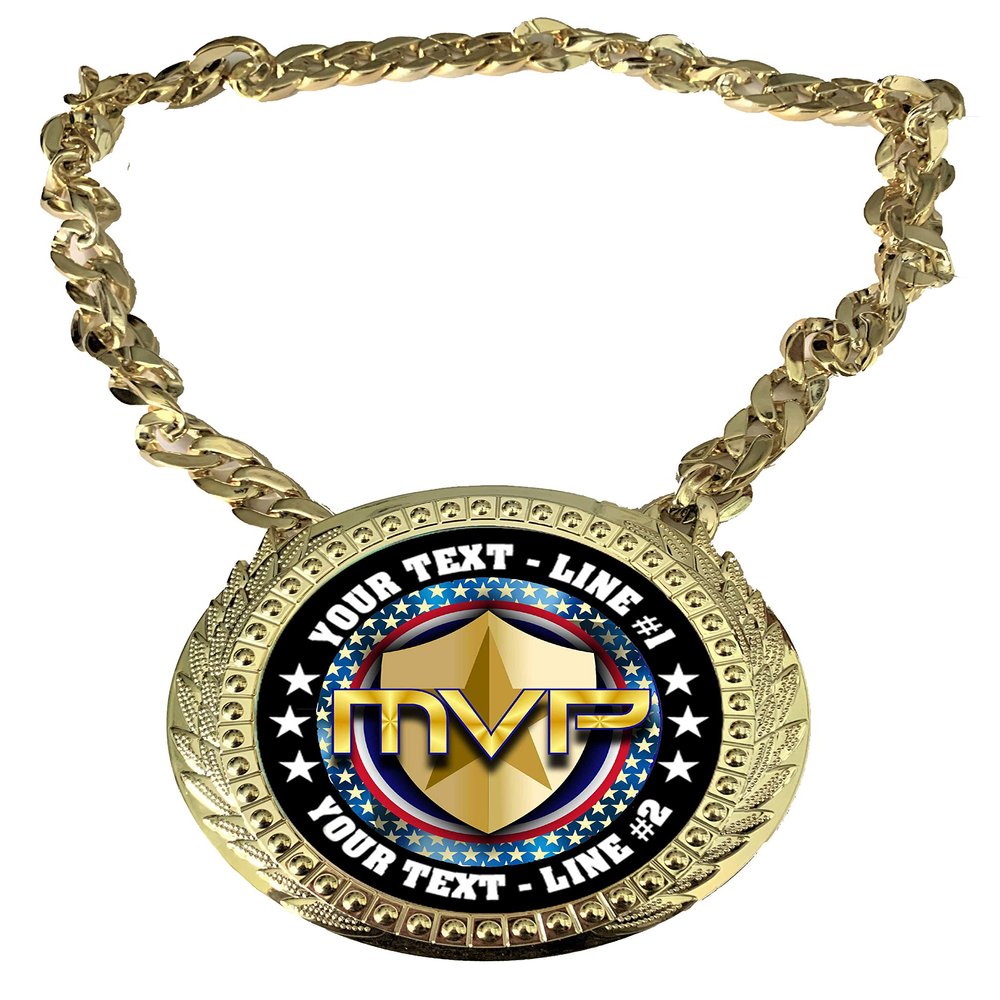 Express Medals Custom MVP Most Valuable Player Champ Chain Trophy with 2 Lines of Personalized Text on a Large Rigid Plastic Award Medal and 34 Inch Long Gold Color Neck Chain. MVP